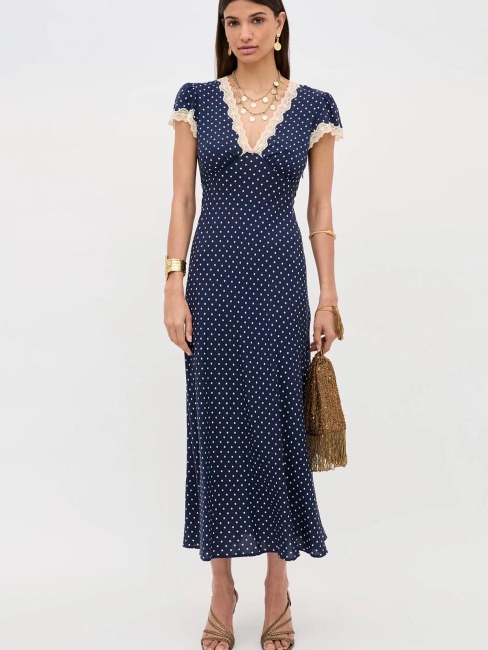 RIXO Navy Polka Dot Maxi Dress with Cream Lace Trim NWOT